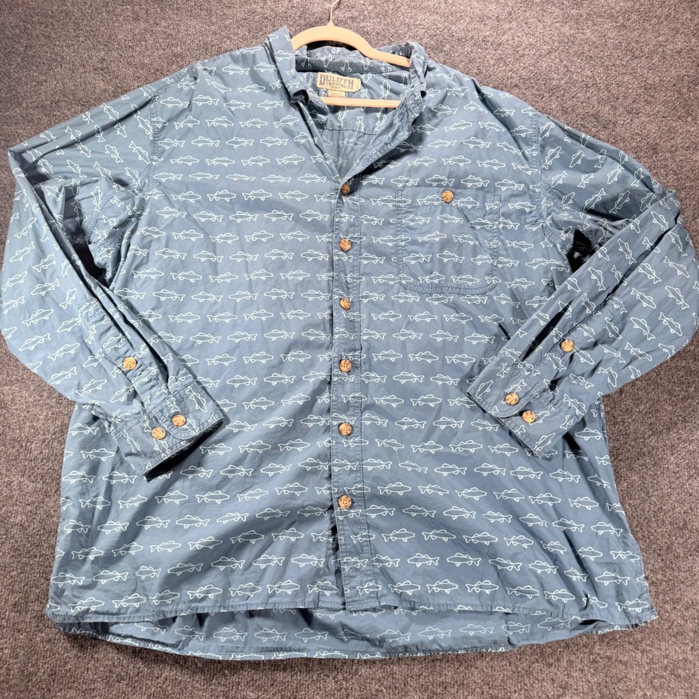 Duluth Trading Co Fish Print Shirt Long Sleeve Relaxed Fit 2XL‎ Tall Blue Mens